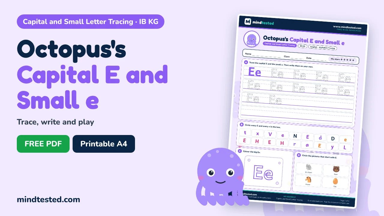 Octopus's Capital E and Small e Tracing Worksheet – Capital and Small Letter Tracing (IB KG)