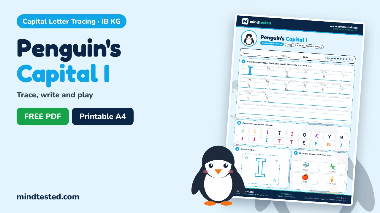 Penguin's Capital I Tracing Worksheet – Capital Letter Tracing (IB KG)