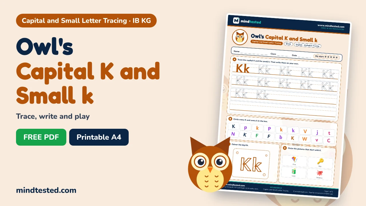 Owl's Capital K and Small k Tracing Worksheet – Capital and Small Letter Tracing (IB KG)