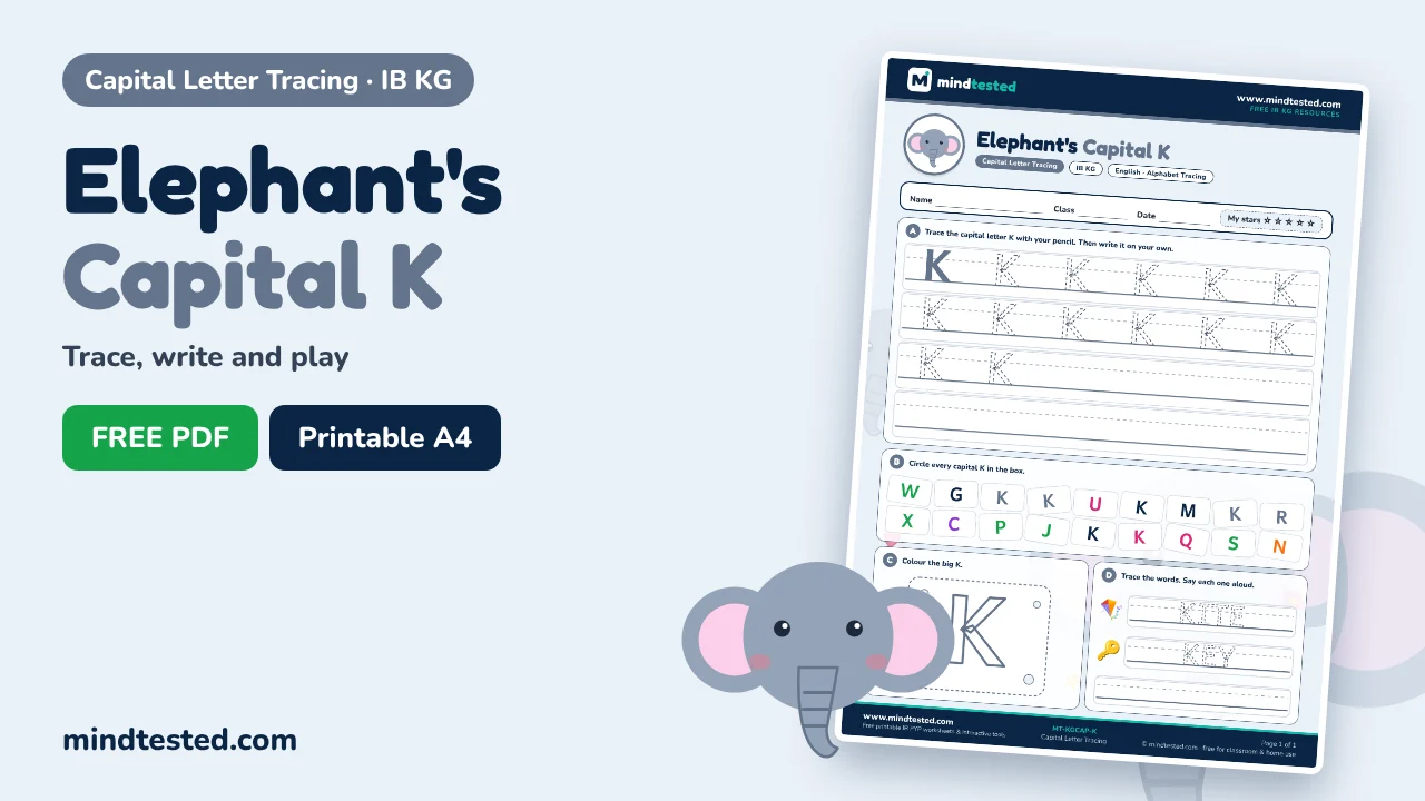 Elephant's Capital K Tracing Worksheet – Capital Letter Tracing (IB KG)