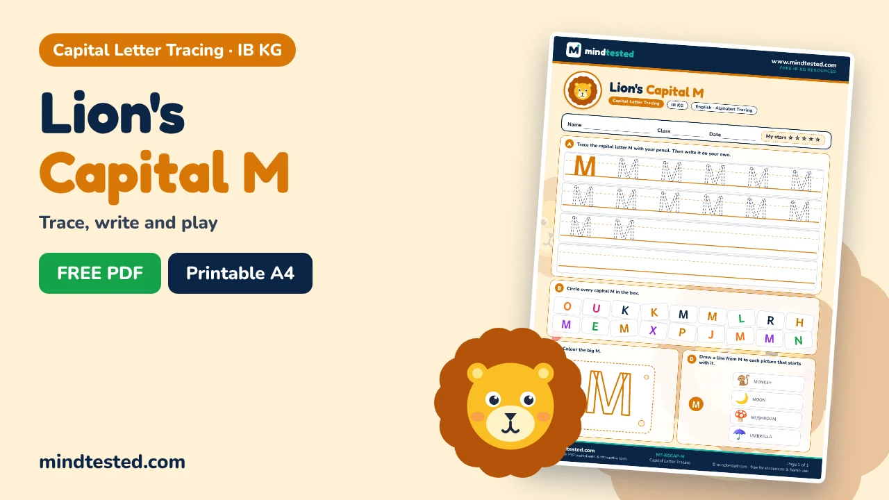 Lion's Capital M Tracing Worksheet – Capital Letter Tracing (IB KG)