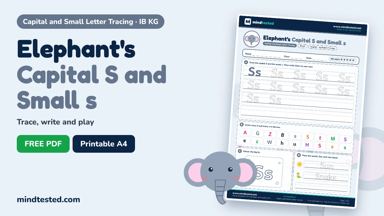 Elephant's Capital S and Small s Tracing Worksheet – Capital and Small Letter Tracing (IB KG)