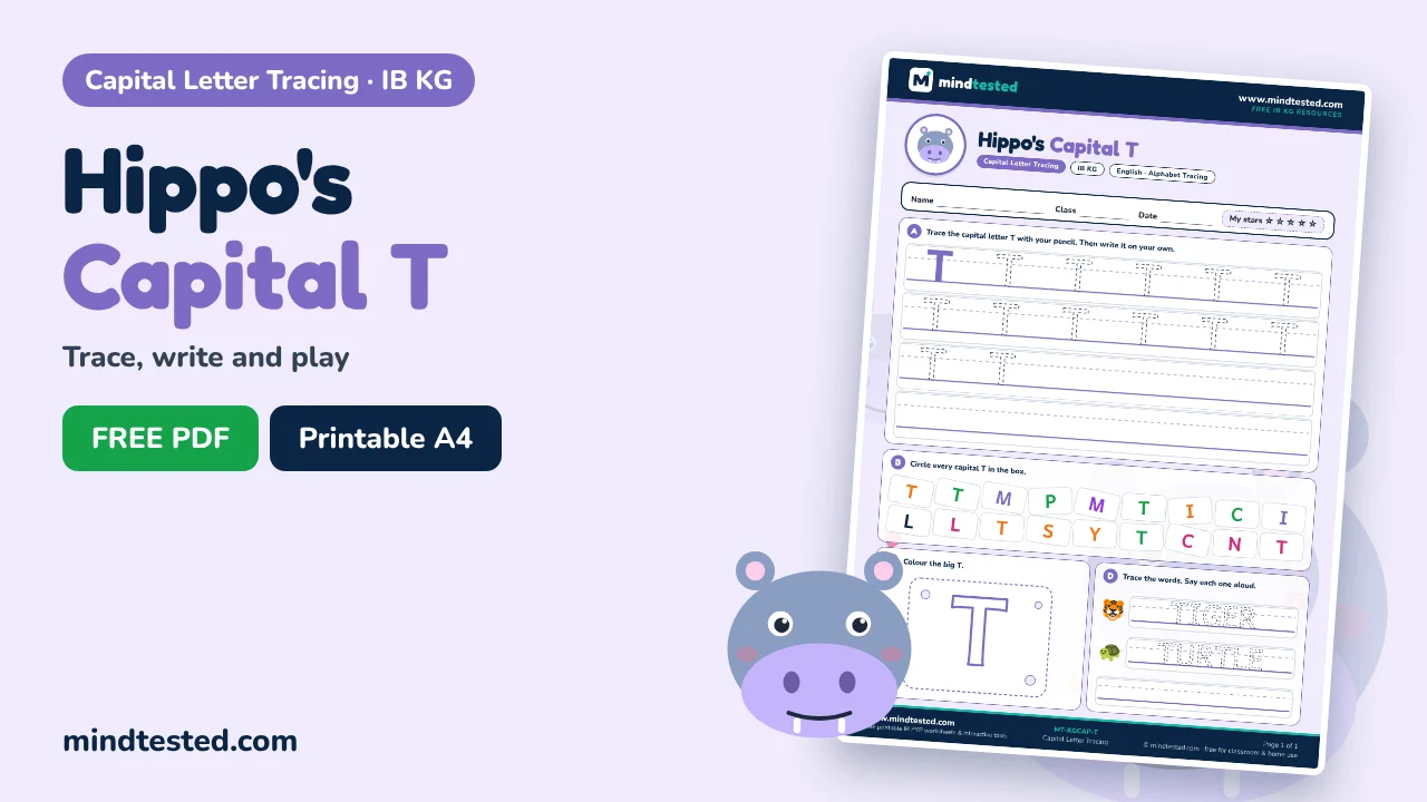 Hippo's Capital T Tracing Worksheet – Capital Letter Tracing (IB KG)