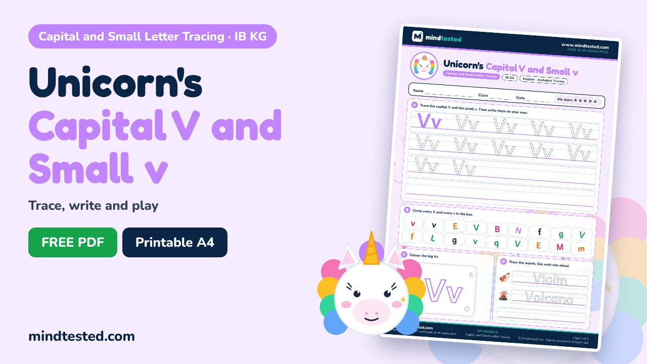 Unicorn's Capital V and Small v Tracing Worksheet – Capital and Small Letter Tracing (IB KG)