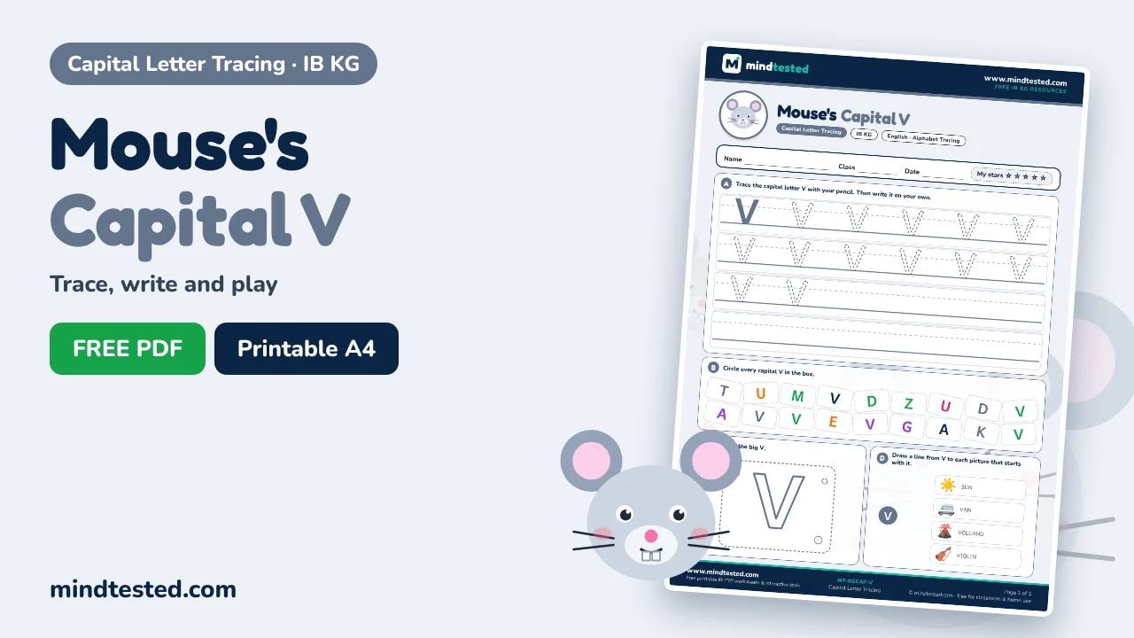 Mouse's Capital V Tracing Worksheet – Capital Letter Tracing (IB KG)