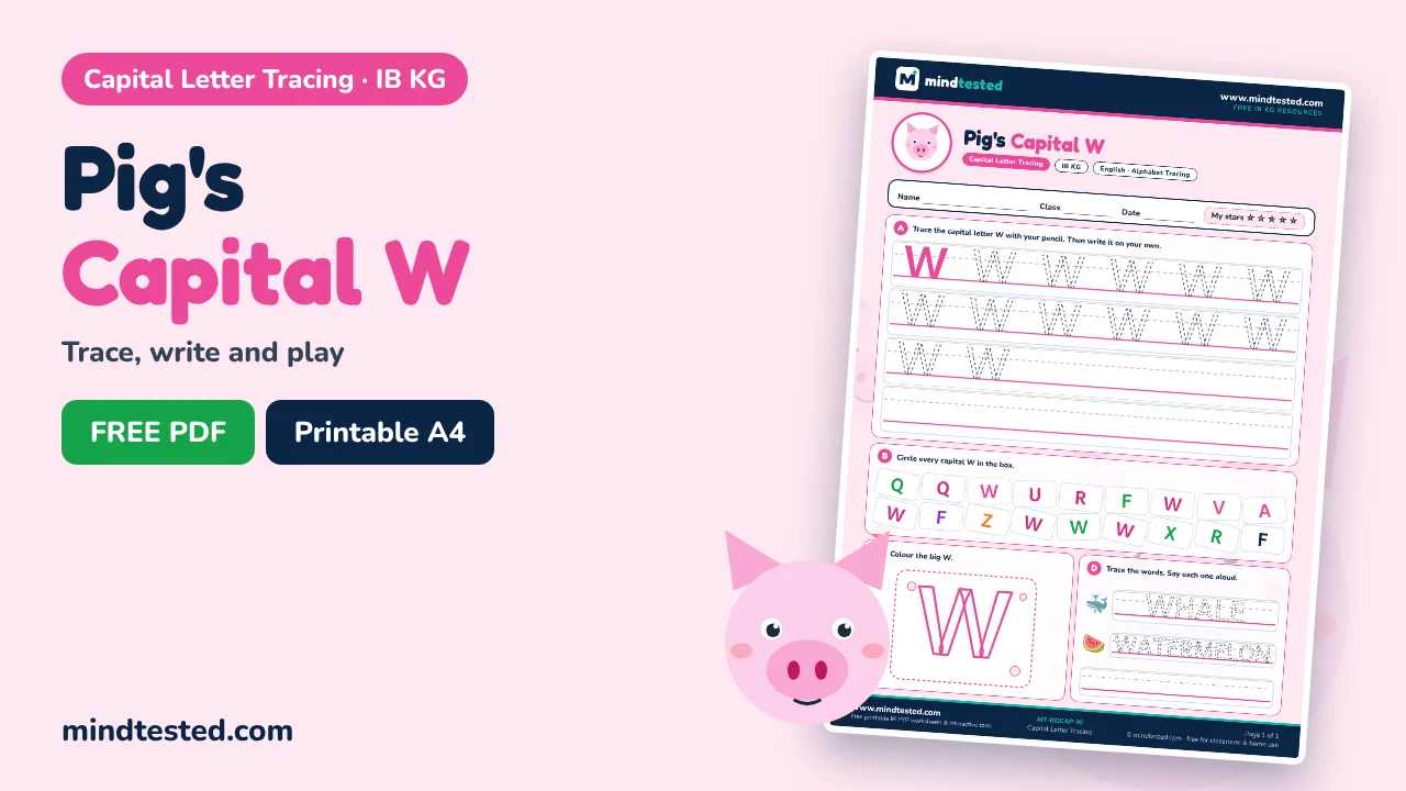 Pig's Capital W Tracing Worksheet – Capital Letter Tracing (IB KG)