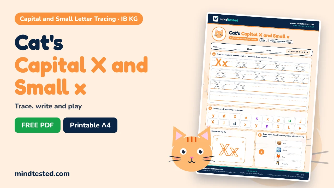 Cat's Capital X and Small x Tracing Worksheet – Capital and Small Letter Tracing (IB KG)