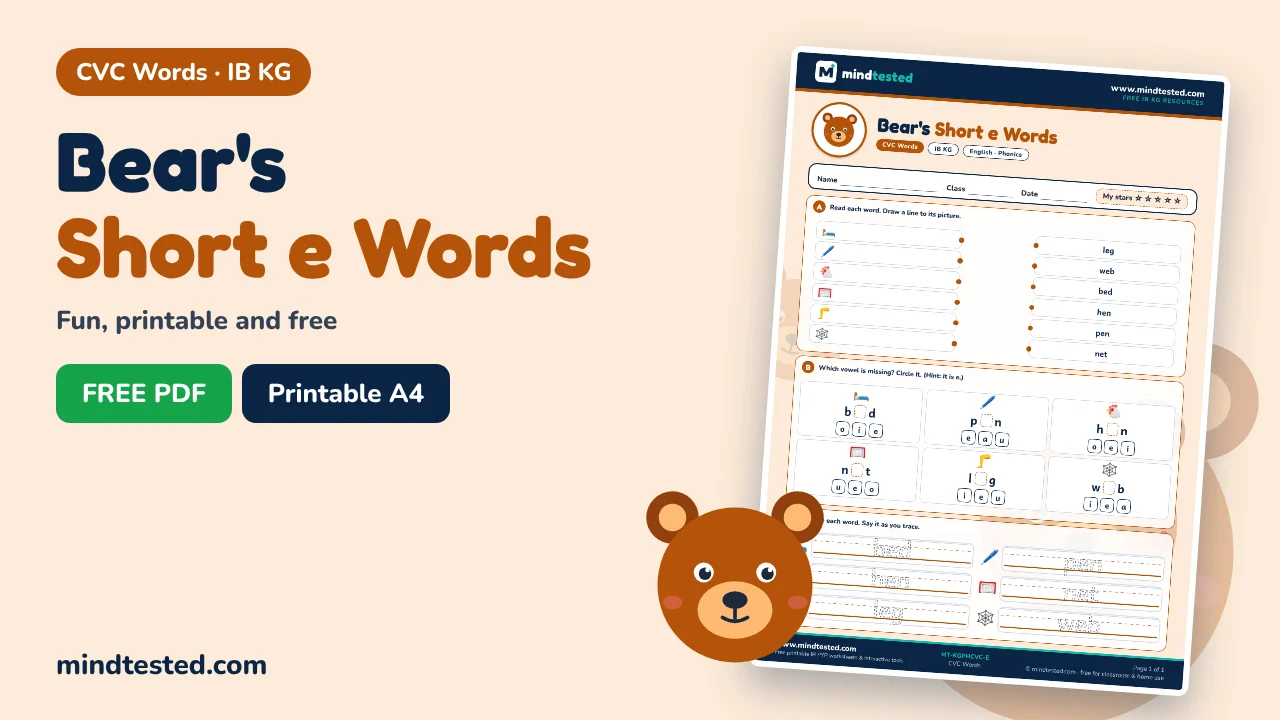CVC Words Short e Worksheet – CVC Words (IB KG English)