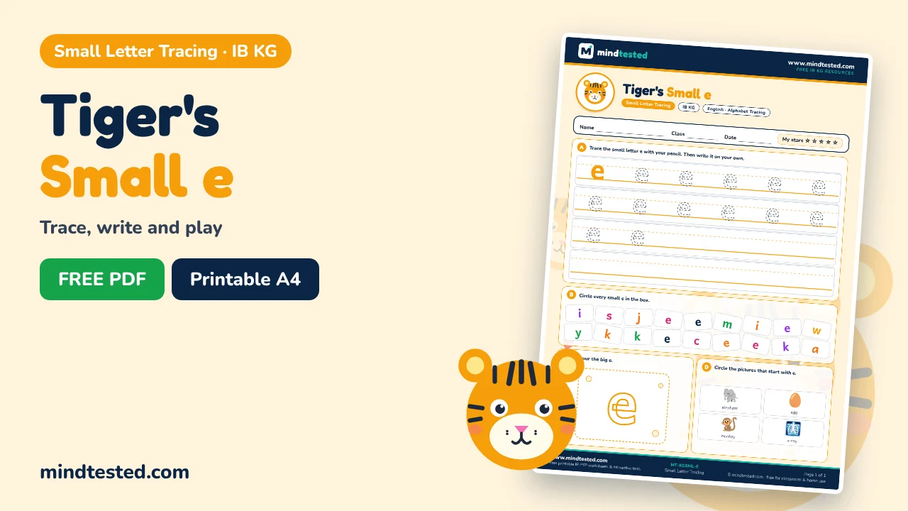 Tiger's Small e Tracing Worksheet – Small Letter Tracing (IB KG)