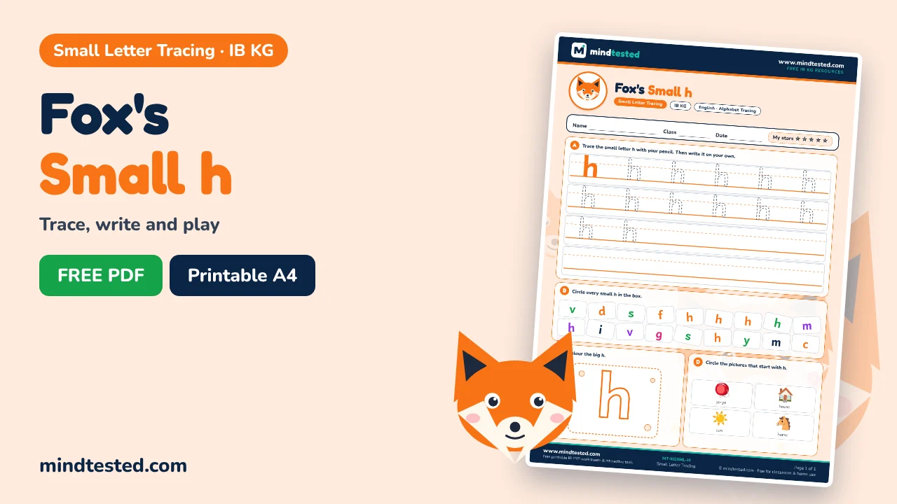 Fox's Small h Tracing Worksheet – Small Letter Tracing (IB KG)