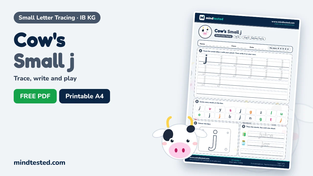 Cow's Small j Tracing Worksheet – Small Letter Tracing (IB KG)