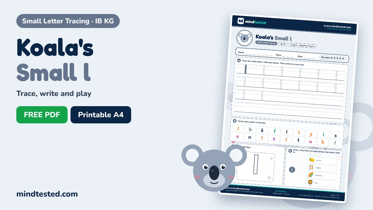 Koala's Small l Tracing Worksheet – Small Letter Tracing (IB KG)