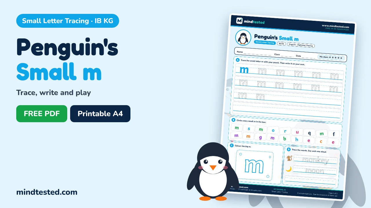 Penguin's Small m Tracing Worksheet – Small Letter Tracing (IB KG)