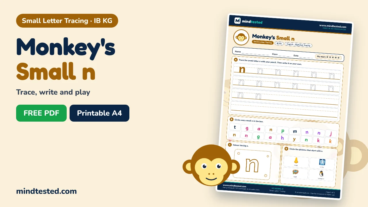 Monkey's Small n Tracing Worksheet – Small Letter Tracing (IB KG)
