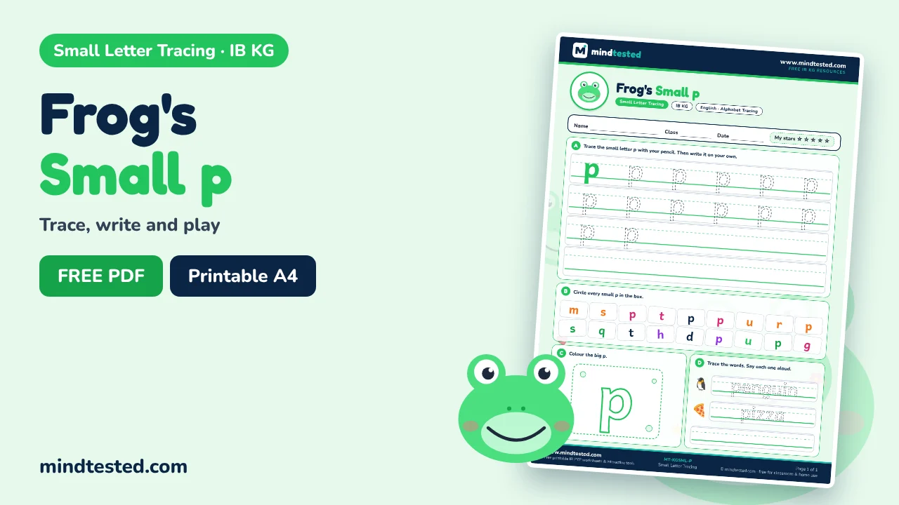 Frog's Small p Tracing Worksheet – Small Letter Tracing (IB KG)