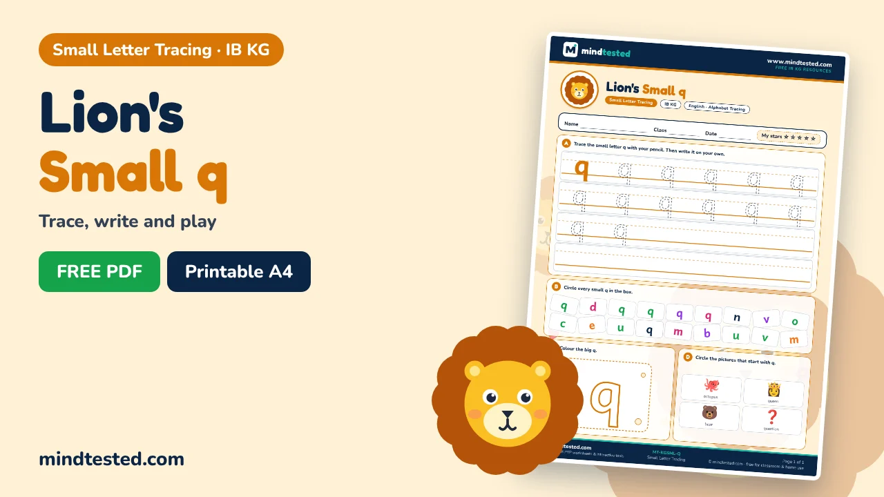 Lion's Small q Tracing Worksheet – Small Letter Tracing (IB KG)