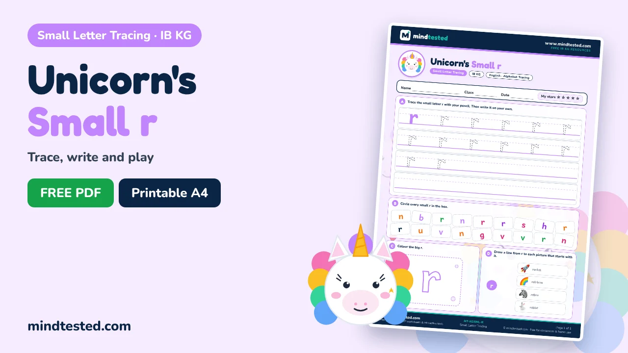 Unicorn's Small r Tracing Worksheet – Small Letter Tracing (IB KG)