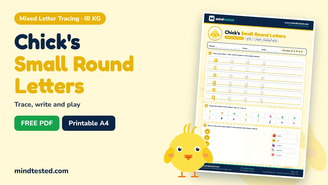 Chick's Small Round Letters Tracing Worksheet – Mixed Letter Tracing (IB KG)
