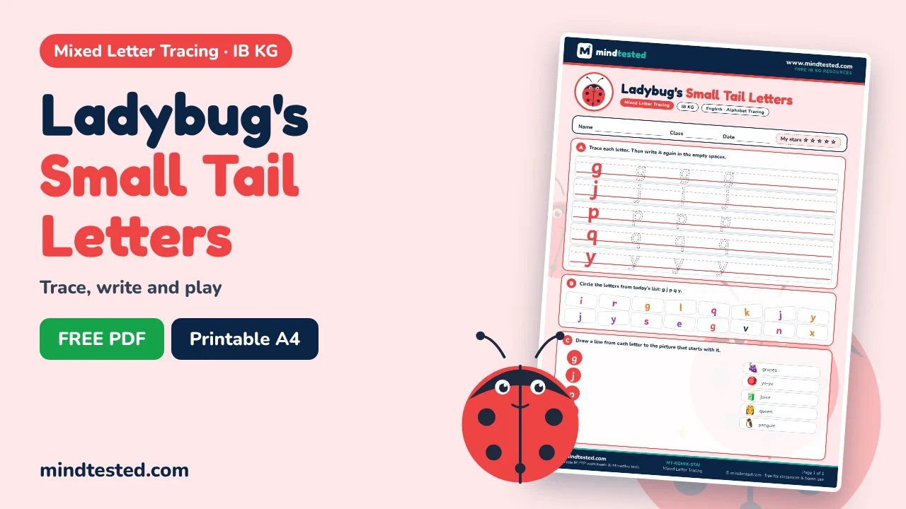 Ladybug's Small Tail Letters Tracing Worksheet – Mixed Letter Tracing (IB KG)