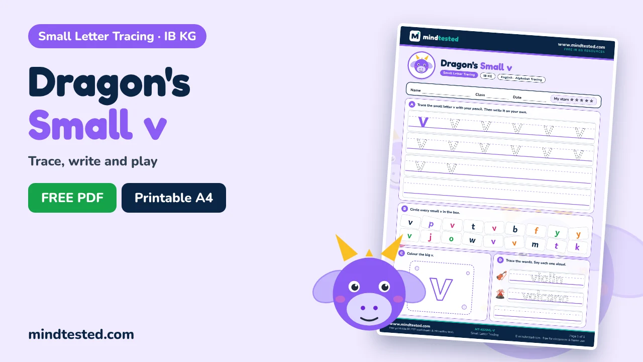 Dragon's Small v Tracing Worksheet – Small Letter Tracing (IB KG)
