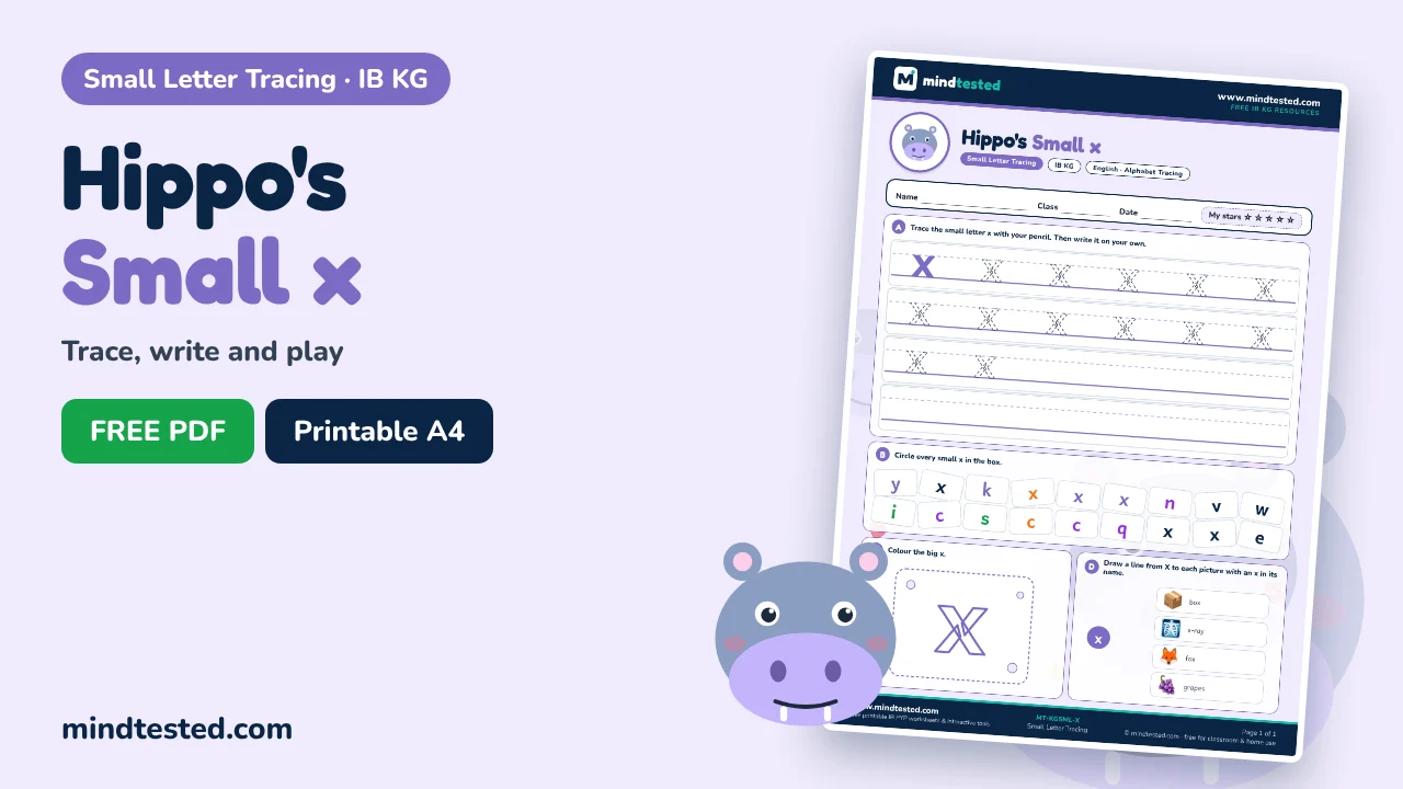 Hippo's Small x Tracing Worksheet – Small Letter Tracing (IB KG)