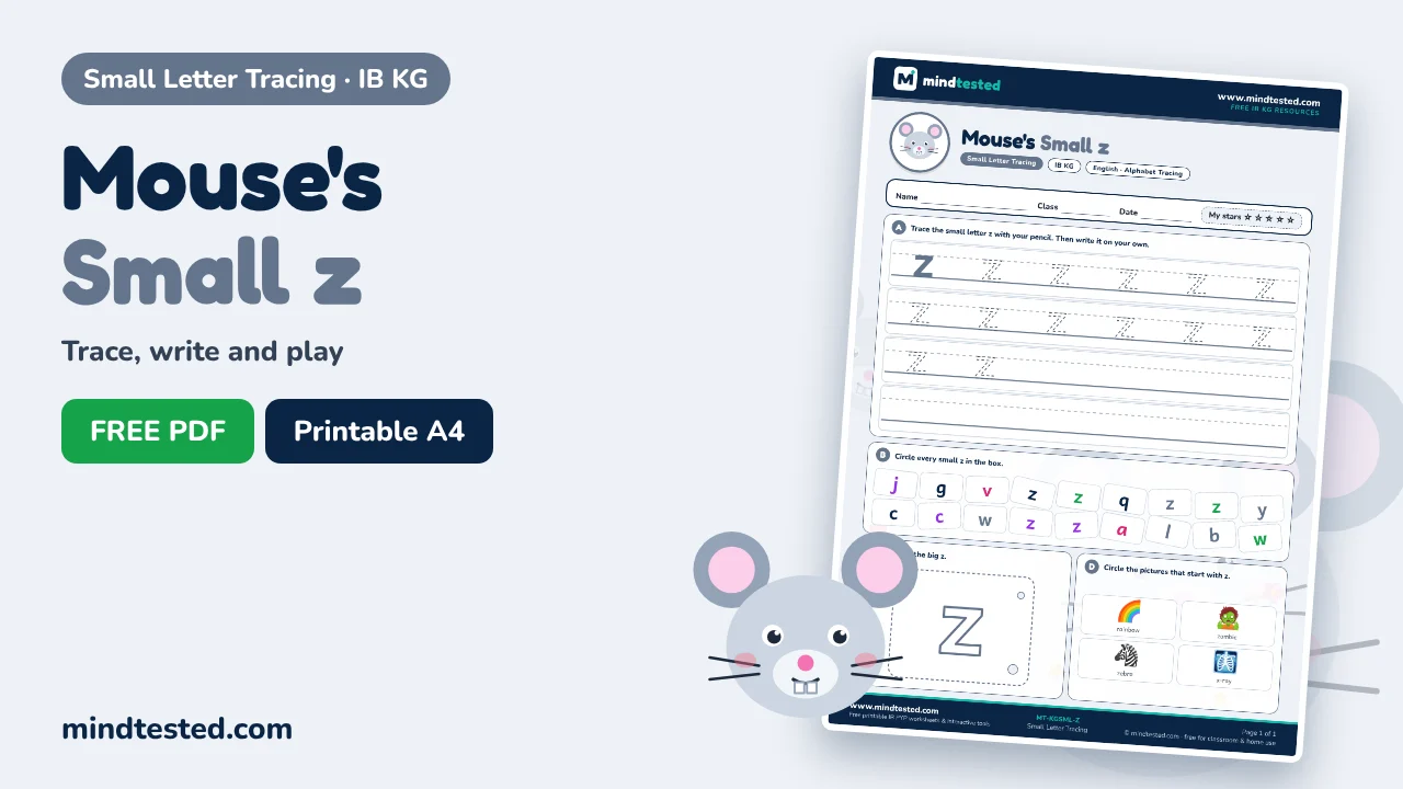 Mouse's Small z Tracing Worksheet – Small Letter Tracing (IB KG)