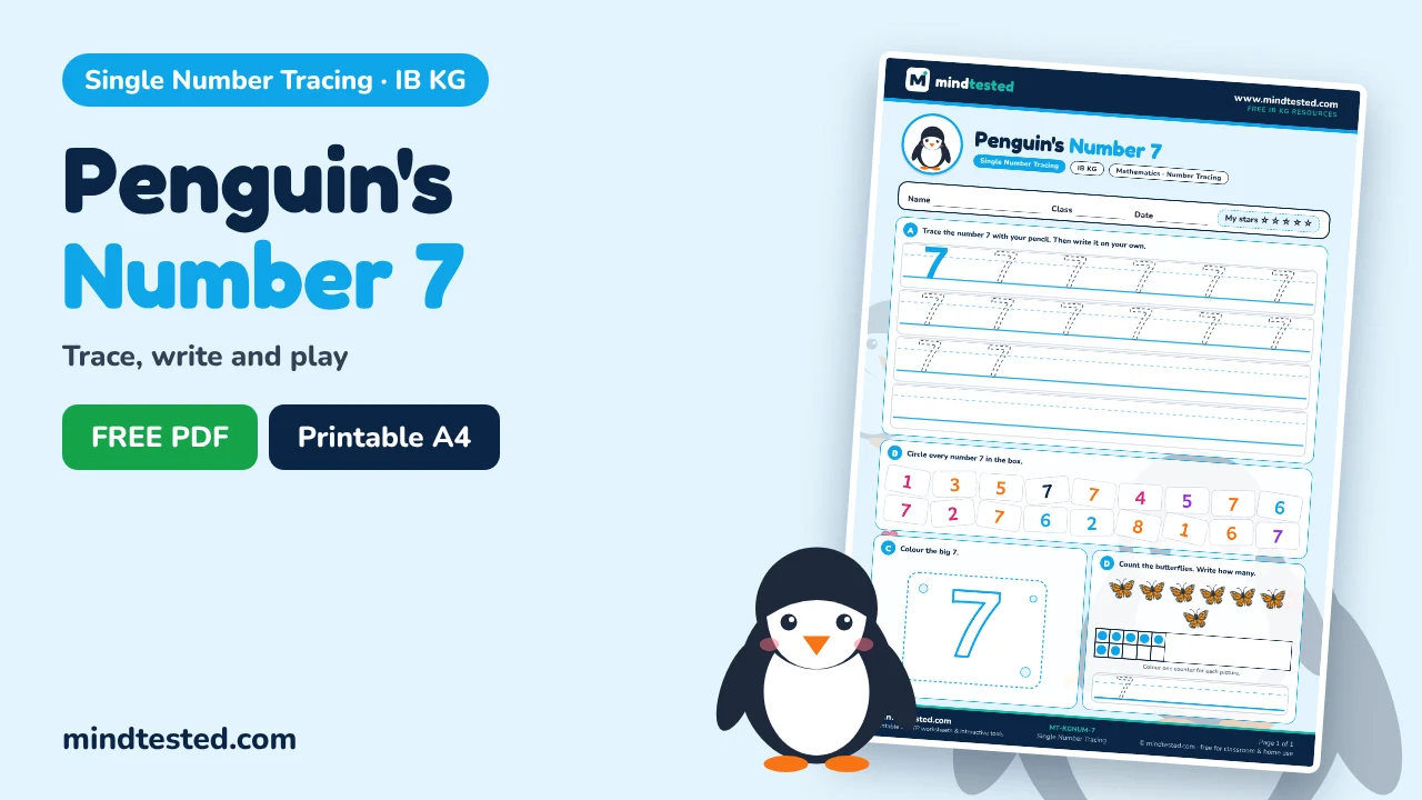 Penguin's Number 7 Tracing Worksheet – Single Number Tracing (IB KG)