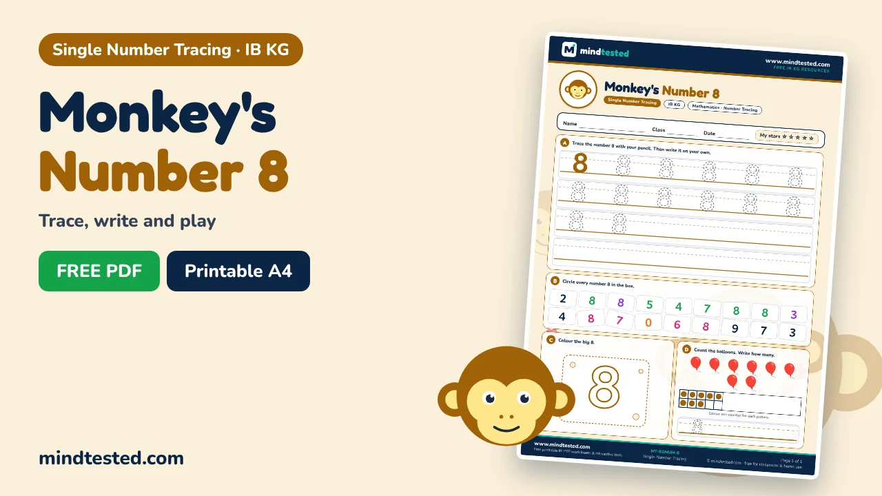 Monkey's Number 8 Tracing Worksheet – Single Number Tracing (IB KG)