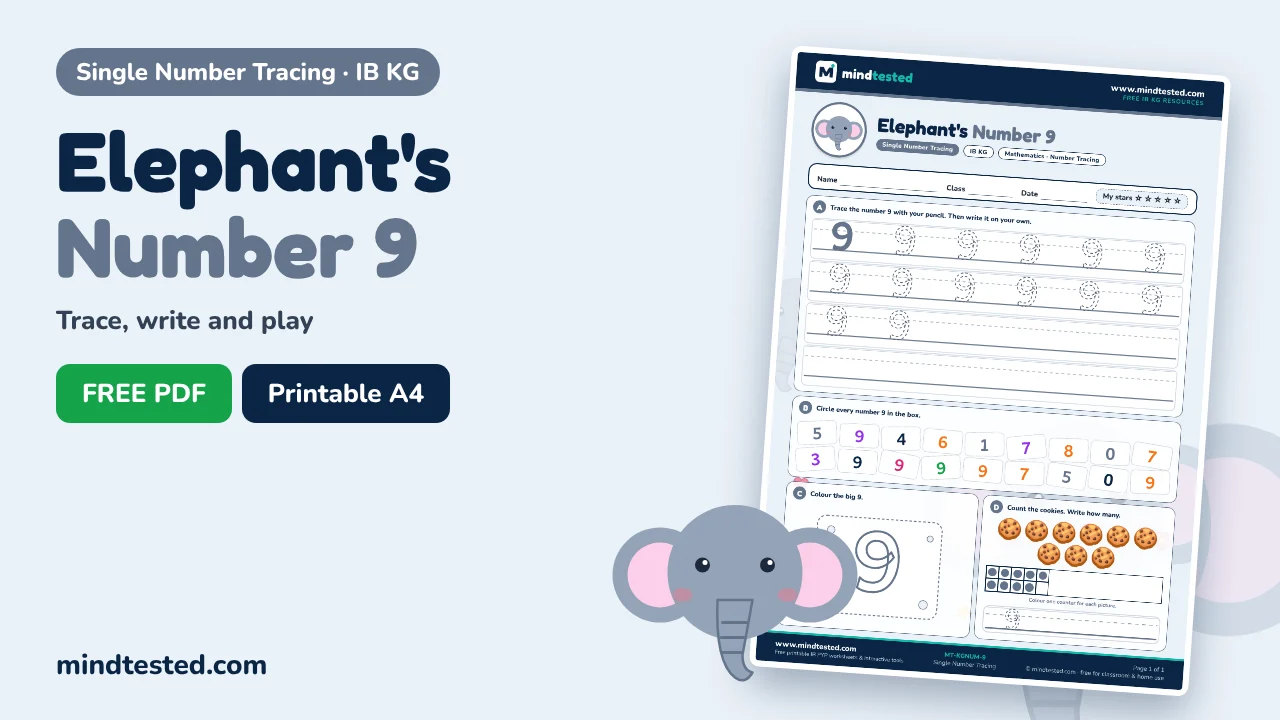 Elephant's Number 9 Tracing Worksheet – Single Number Tracing (IB KG)