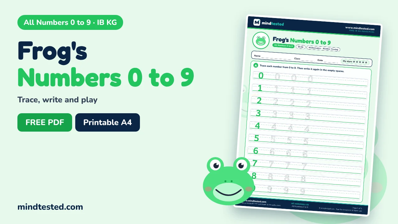 Frog's Numbers 0 to 9 Tracing Worksheet – All Numbers 0 to 9 (IB KG)
