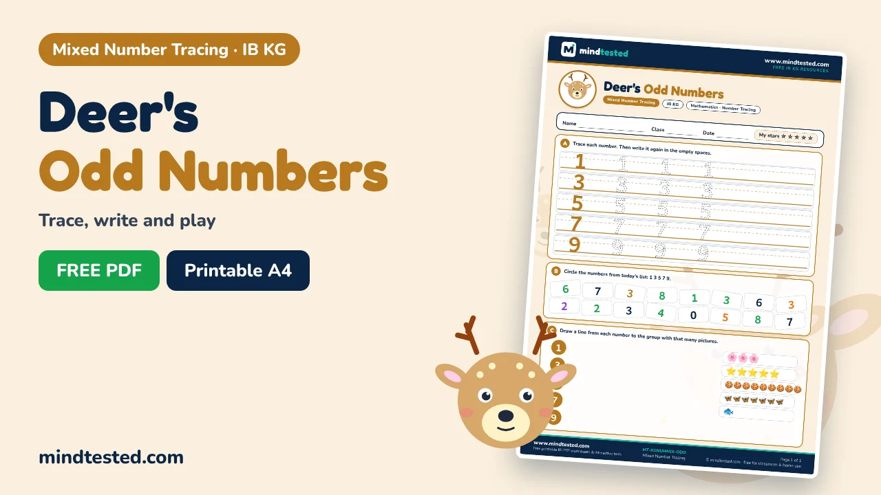 Deer's Odd Numbers Tracing Worksheet – Mixed Number Tracing (IB KG)