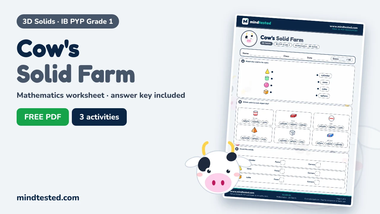 Cow's Solid Farm – 3D Solids Worksheet (IB PYP Grade 1 Mathematics)