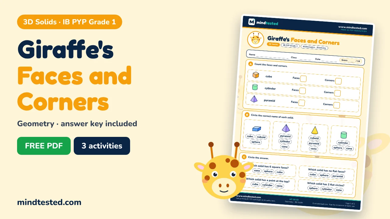 Giraffe's Faces and Corners – 3D Solids Worksheet (IB PYP Grade 1)