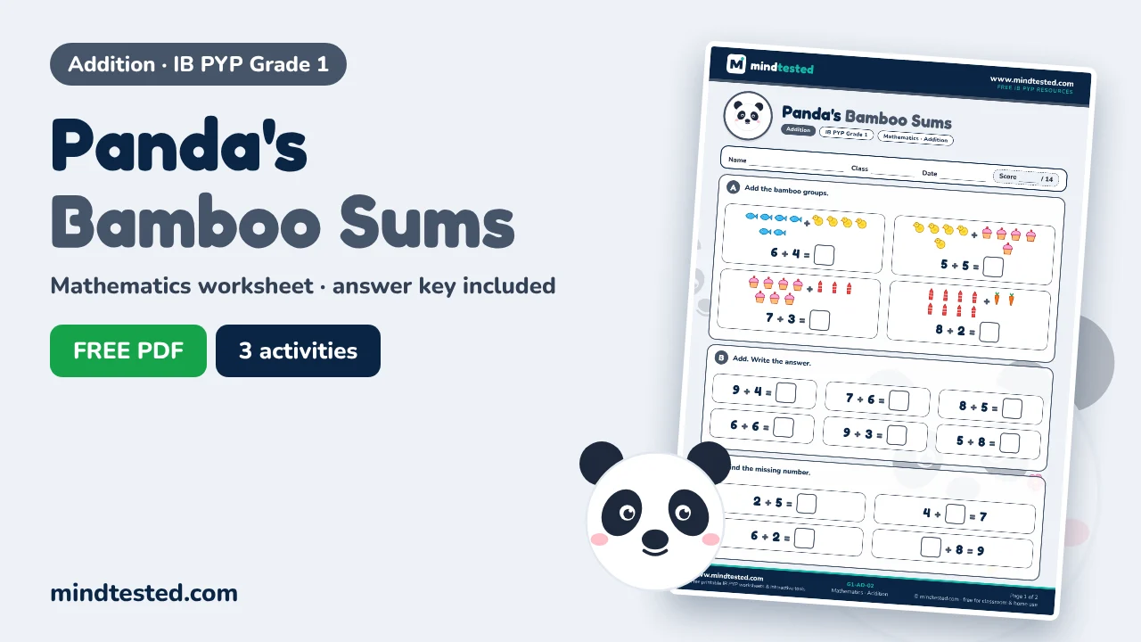 Panda's Bamboo Sums – Addition Worksheet (IB PYP Grade 1 Mathematics)