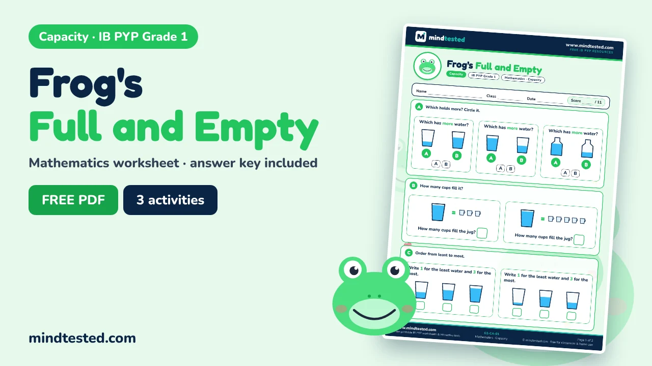 Frog's Full and Empty – Capacity Worksheet (IB PYP Grade 1 Mathematics)