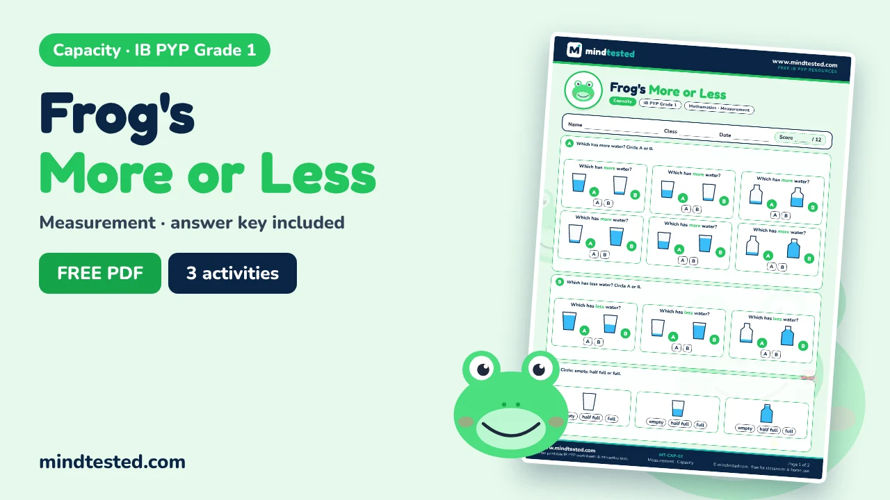 Frog's More or Less – Capacity Worksheet (IB PYP Grade 1)