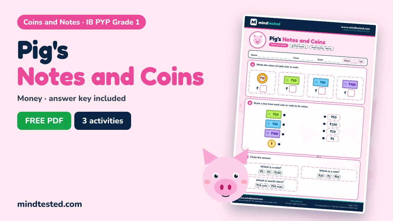 Pig's Notes and Coins – Coins and Notes Worksheet (IB PYP Grade 1)