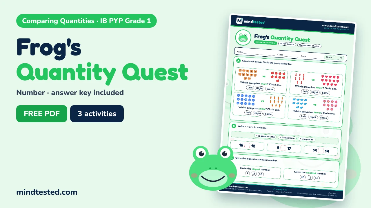 Frog's Quantity Quest – Comparing Quantities Worksheet (IB PYP Grade 1)