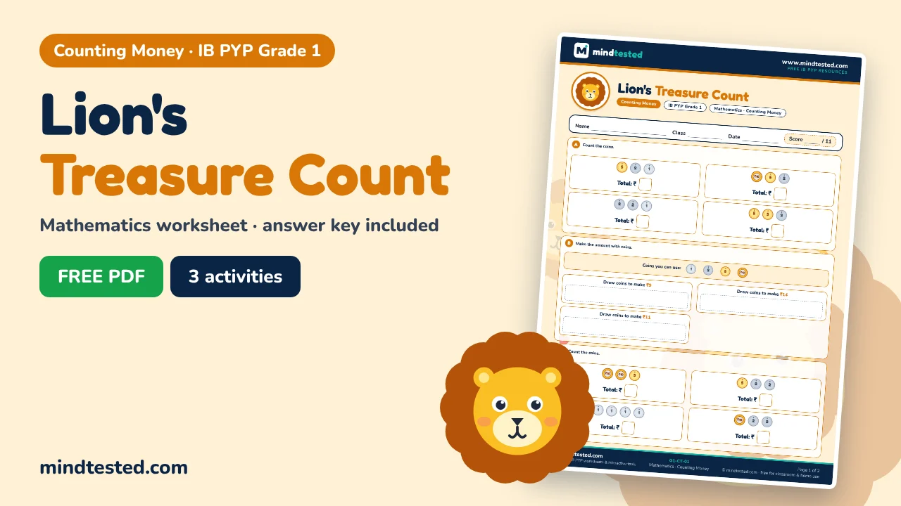 Lion's Treasure Count – Counting Money Worksheet (IB PYP Grade 1 Mathematics)