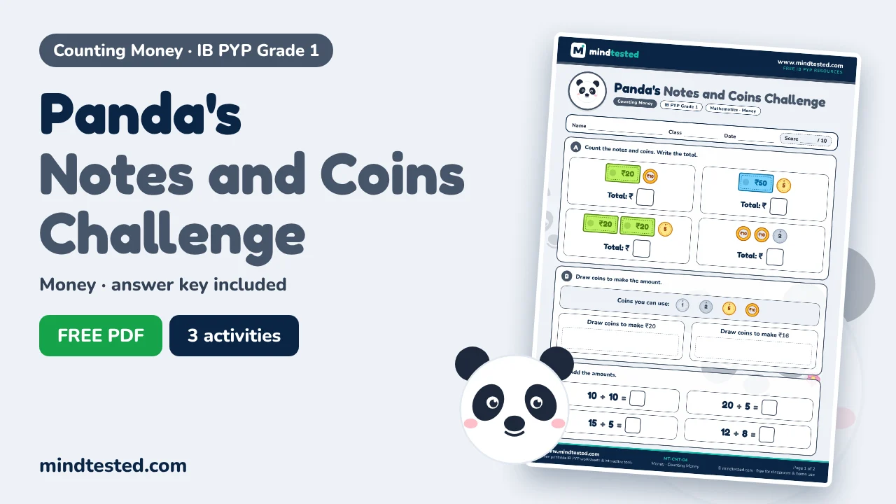 Panda's Notes and Coins Challenge – Counting Money Worksheet (IB PYP Grade 1)