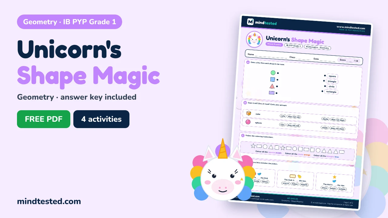 Unicorn's Shape Magic – Geometry Worksheet (IB PYP Grade 1)