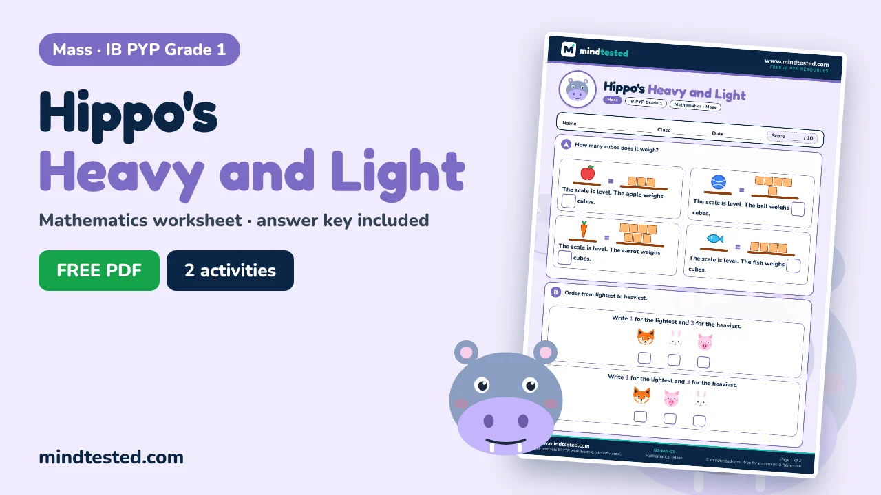 Hippo's Heavy and Light – Mass Worksheet (IB PYP Grade 1 Mathematics)