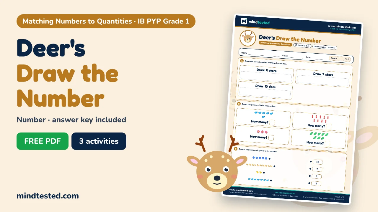 Deer's Draw the Number – Matching Numbers to Quantities Worksheet (IB PYP Grade 1)