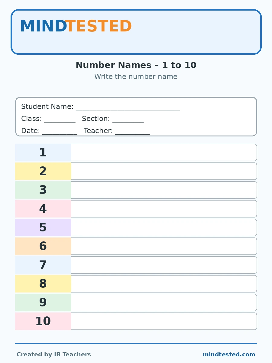 IB PYP Grade 1 Mathematics Number Names Worksheet – 1 to 10
