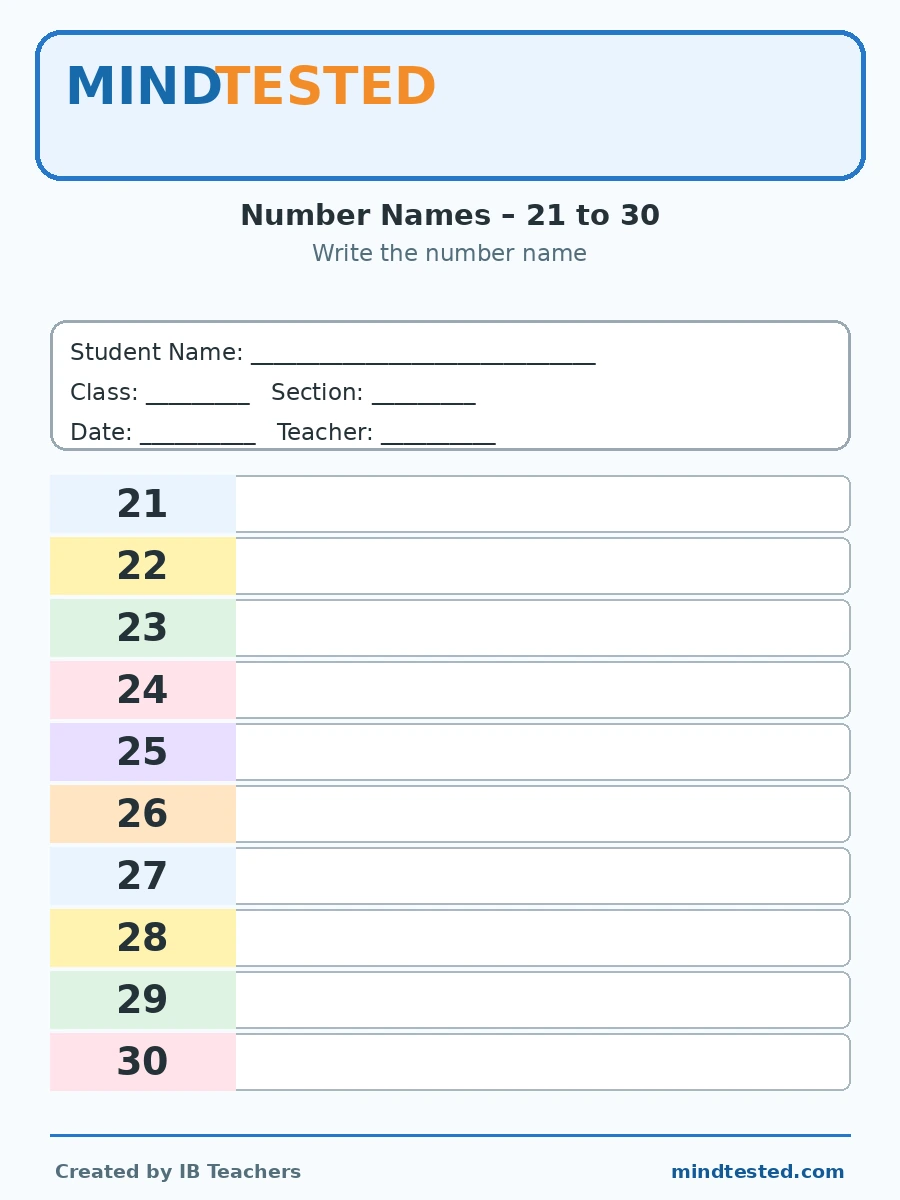 IB PYP Grade 1 Mathematics Number Names Worksheet – 21 to 30