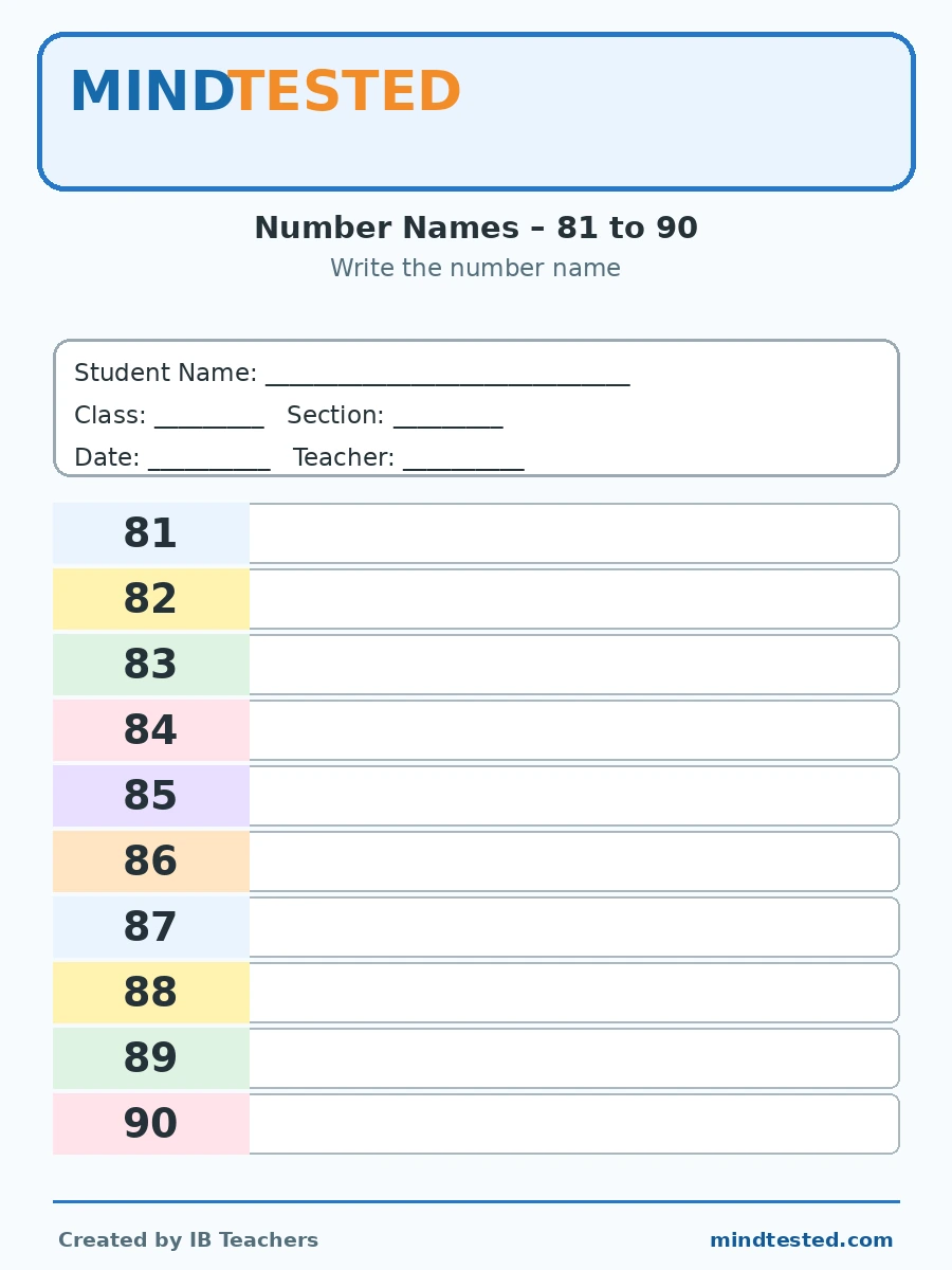 IB PYP Grade 1 Mathematics Number Names Worksheet – 81 to 90