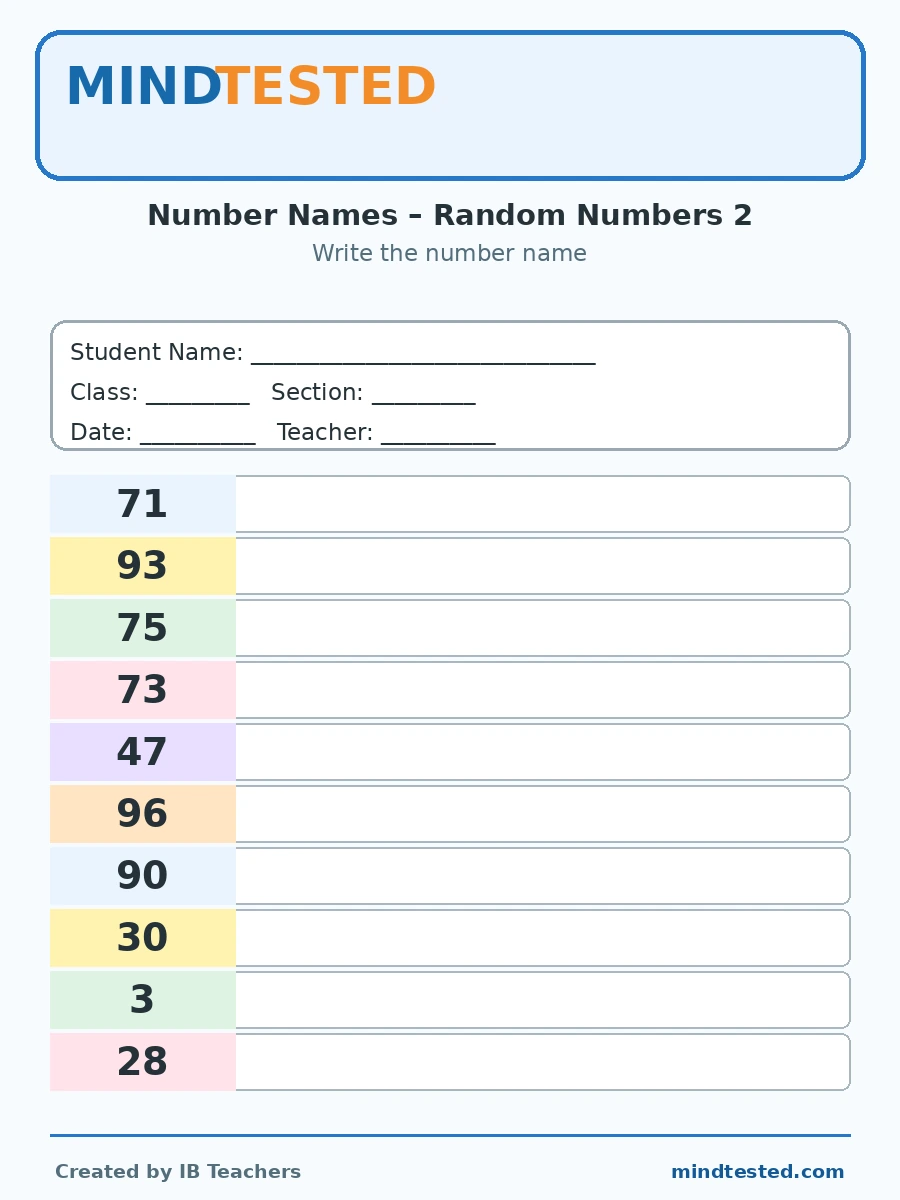 IB PYP Grade 1 Mathematics Number Names Worksheet – Random Numbers 2