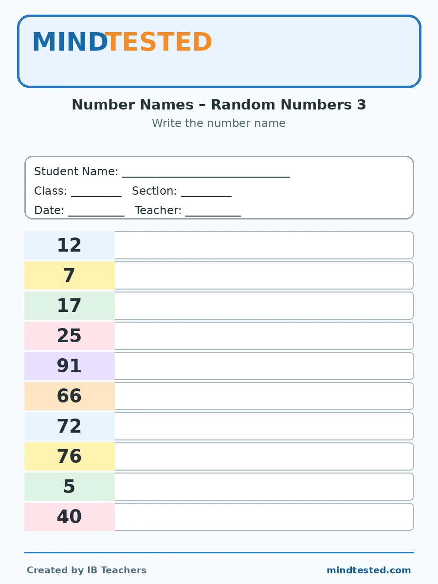 IB PYP Grade 1 Mathematics Number Names Worksheet – Random Numbers 3
