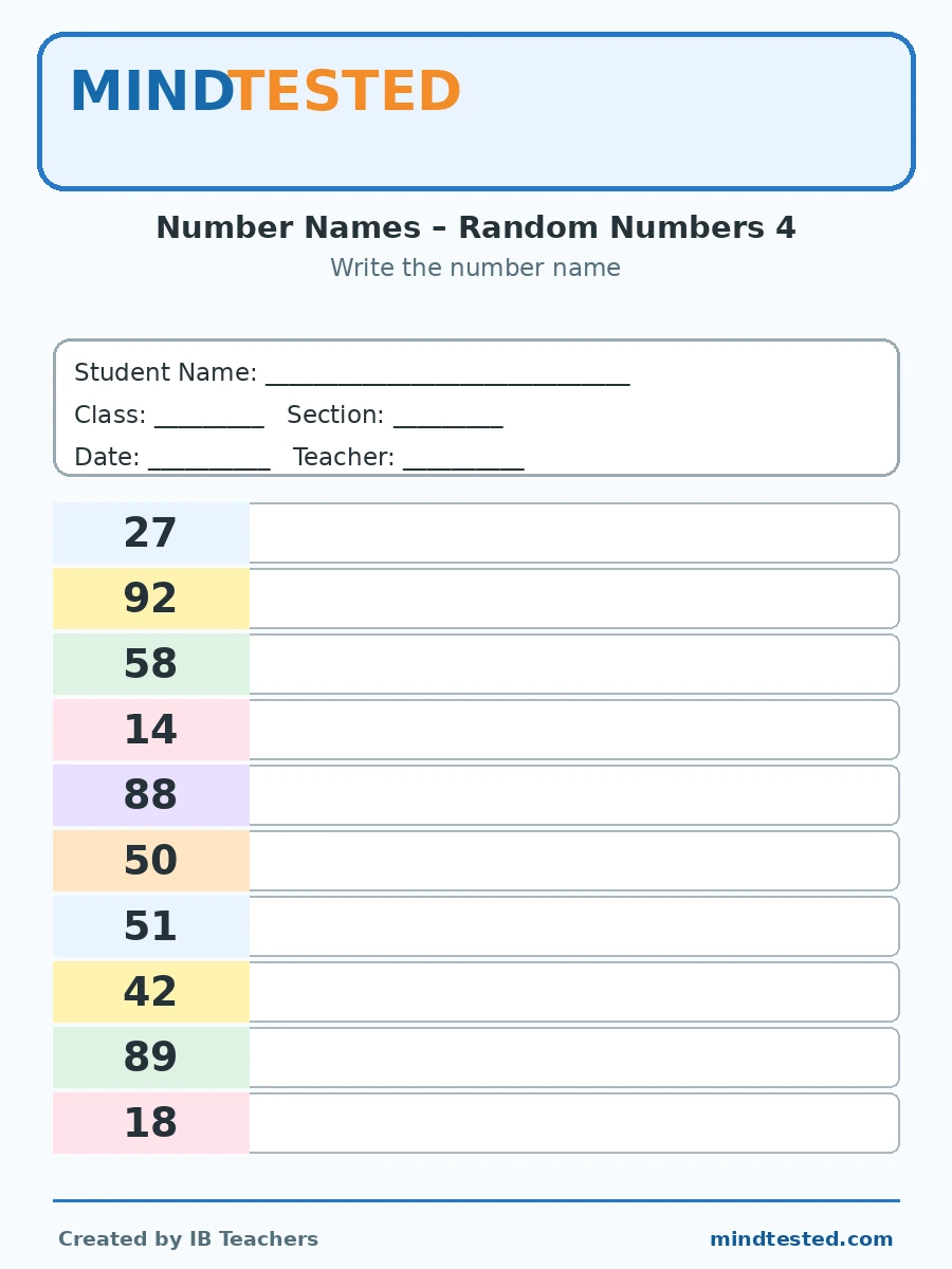 IB PYP Grade 1 Mathematics Number Names Worksheet – Random Numbers 4