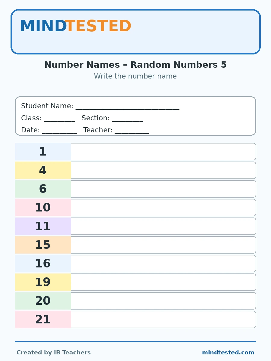 IB PYP Grade 1 Mathematics Number Names Worksheet – Random Numbers 5